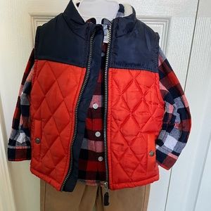Baby Boy 24 months Little Lad 3 Piece Plaid Puffer Vest Set navy/orange/white